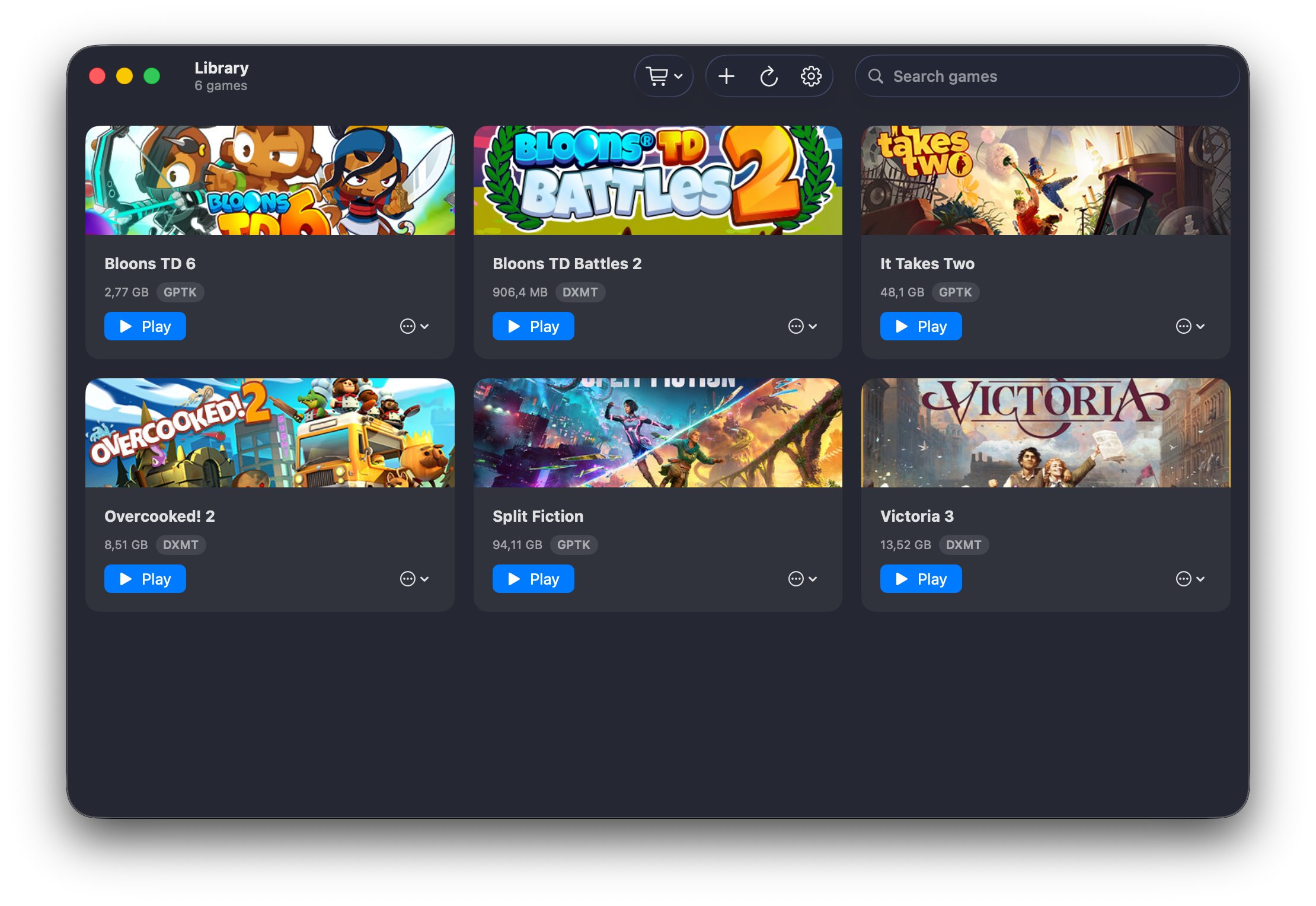 Silo library window — a grid of installed Steam games (Bloons TD 6, Bloons TD Battles 2, It Takes Two, Overcooked 2, Split Fiction, Victoria 3), each with cover art, install size, a per-game GPTK or DXMT graphics-backend badge, and a Play button