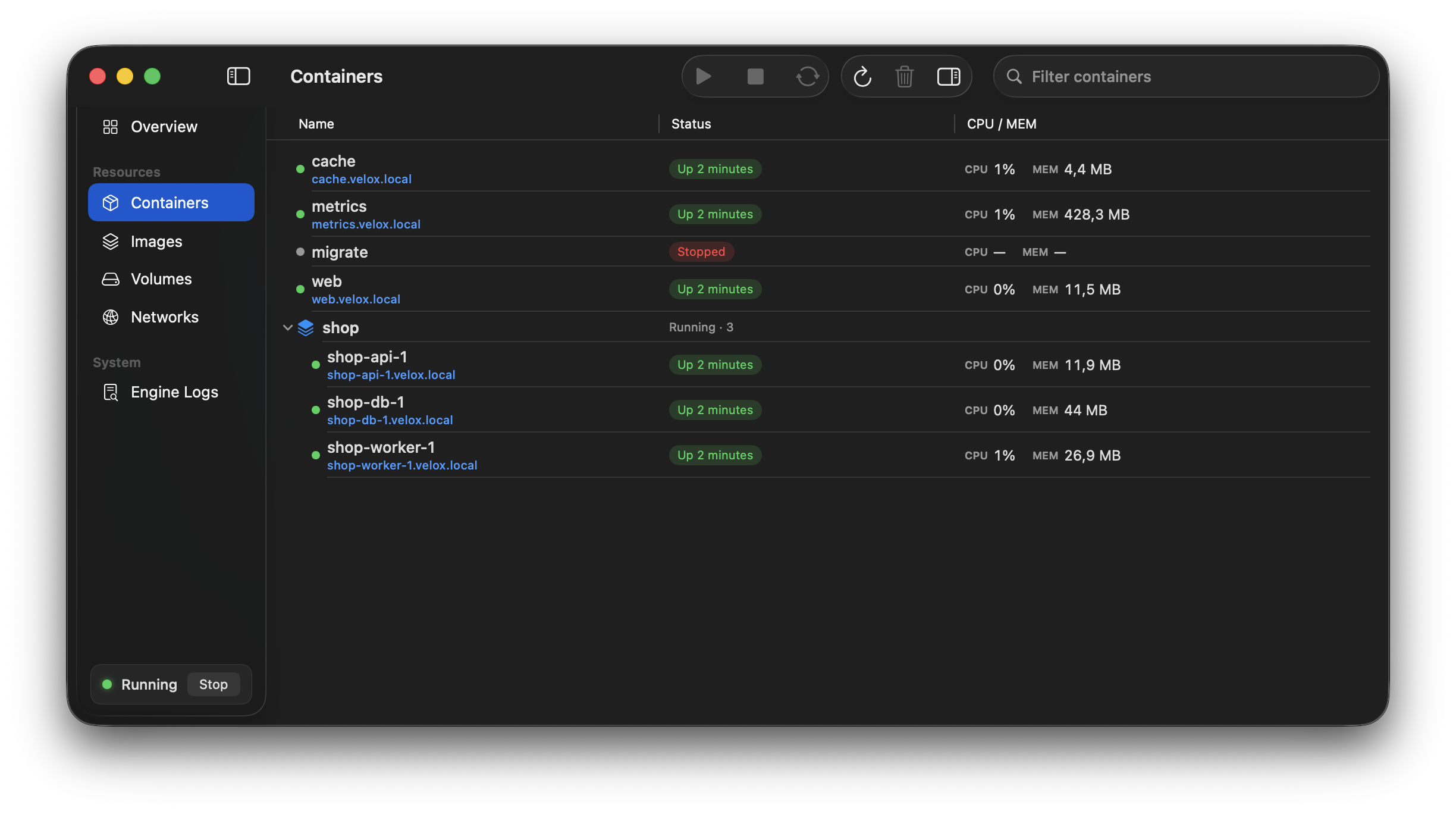 Velox containers view showing compose groups, container names, local domains, CPU, and memory